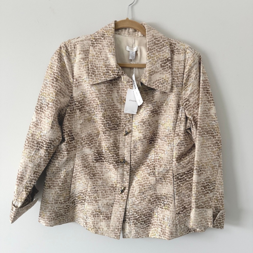 Chico's Pebbled Jacquard Jacket Antique Ivory Metallic Silk Blend Size 2 NEW